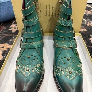 Green Leather Ankle Booties with Decorative Gold Studs